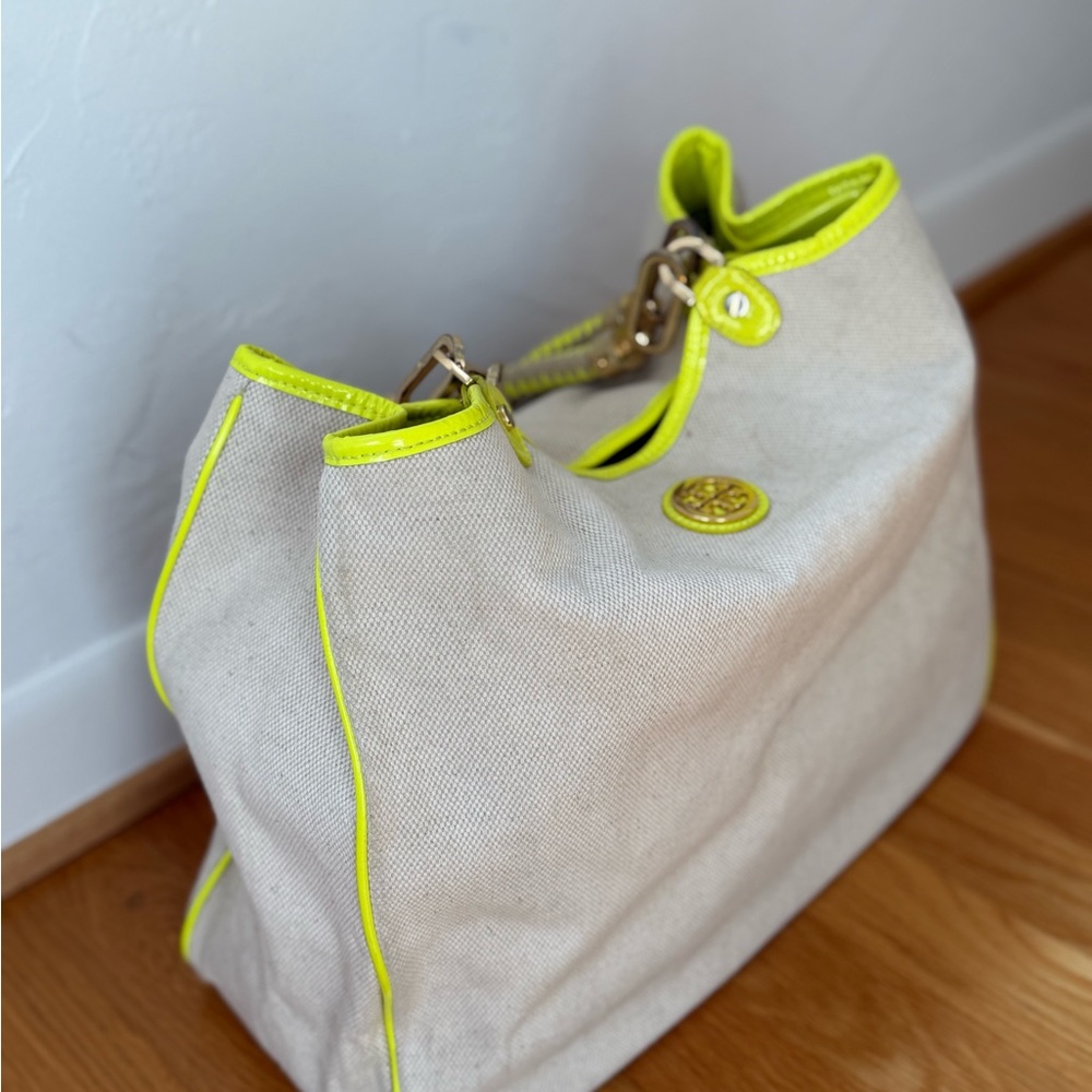 Tory Burch Natural Canvas and Yellow Tote Bag
